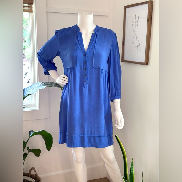 Anthropologie Maeve Blue Taryn Crepe‎ Shift 3/4 Sleeve Dress Pockets - Size 8 - Picture 2 of 5